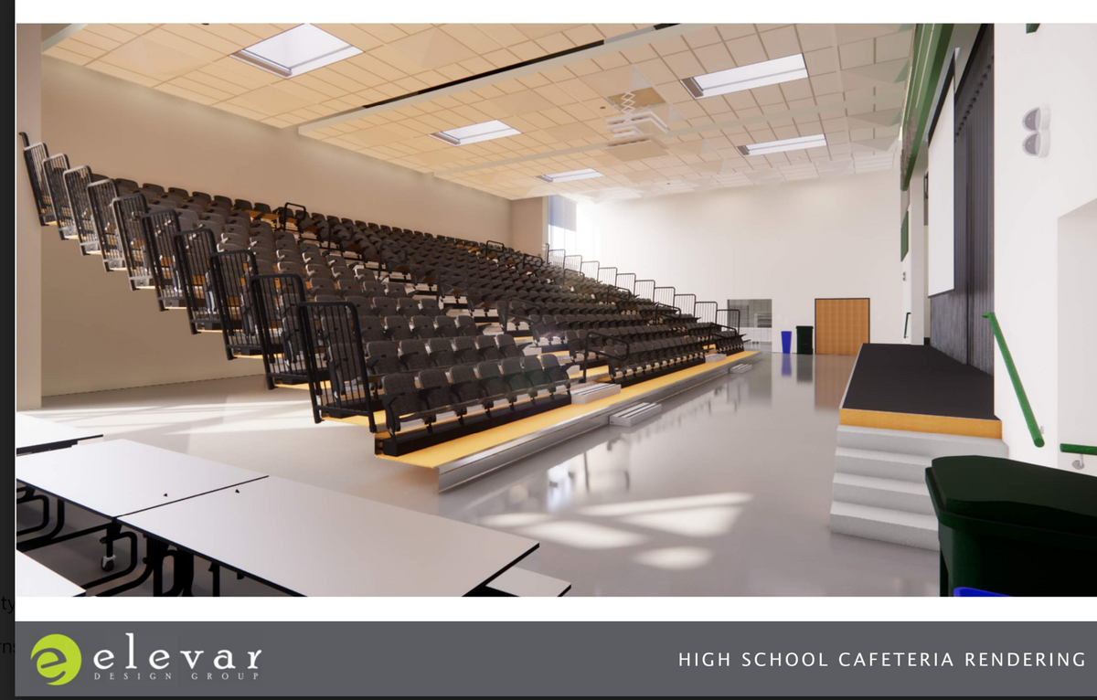 Artistic rendition of performance space with a stage and bleachers