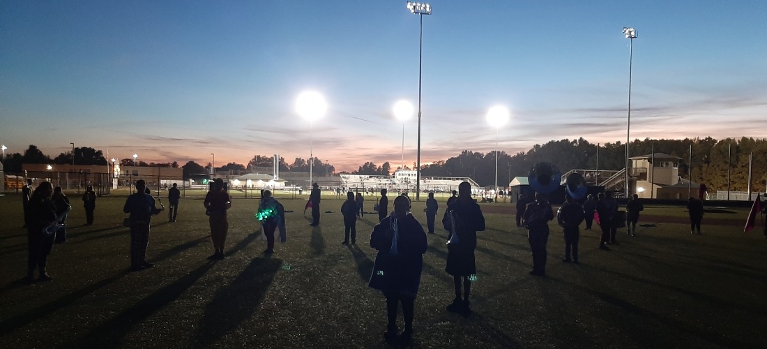Marching band Practice on the Baseball Field during twilight hours
